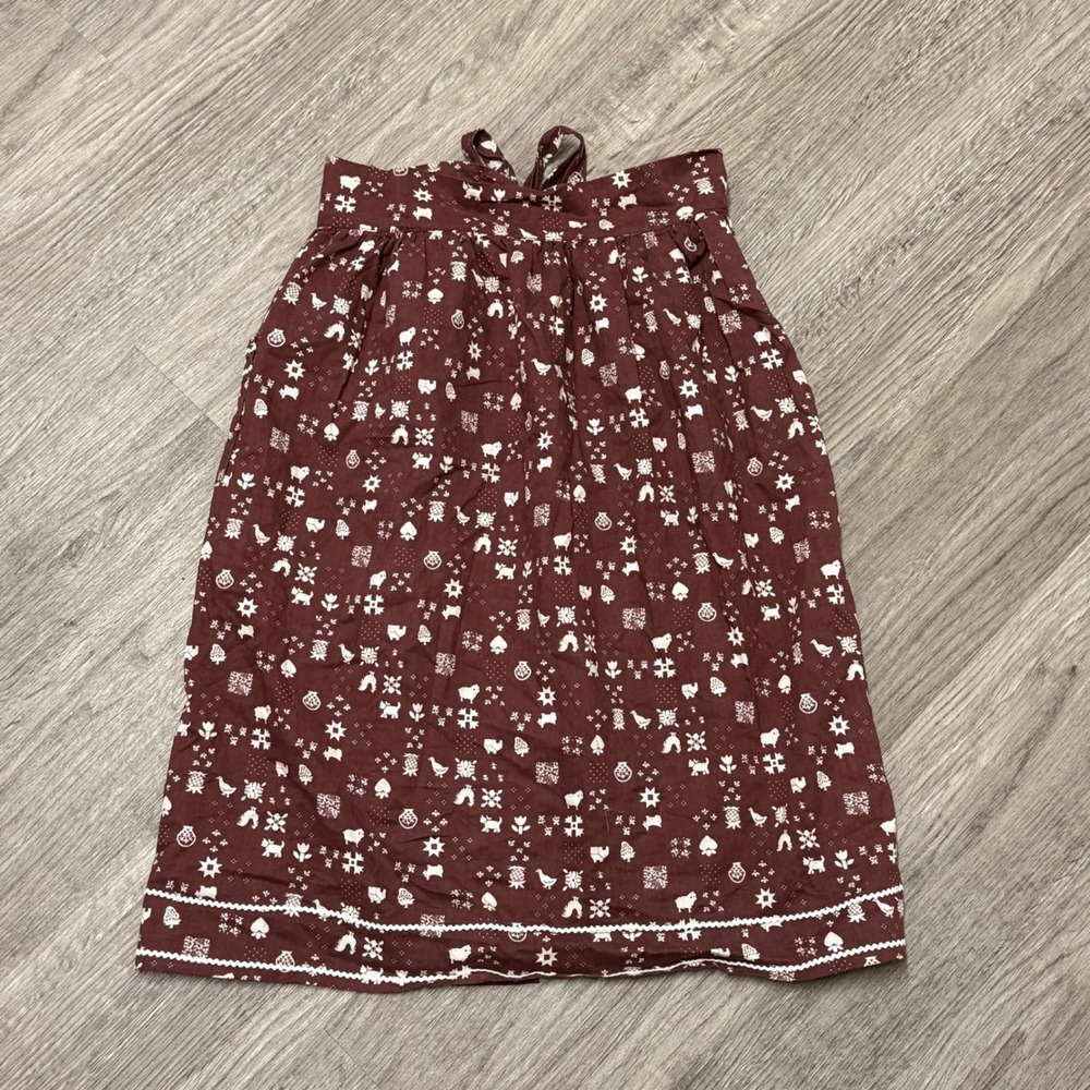 Vintage Brown Folk Art Animal Print Cotton Half Apron with Ric Rac Trim‎ Pocket